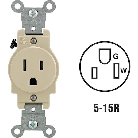 Leviton Straight Blade Receptacle, 5-15R, 15 A, 125V AC, 2 Pole, 3 Wire, Grounded 132-T5015-00I